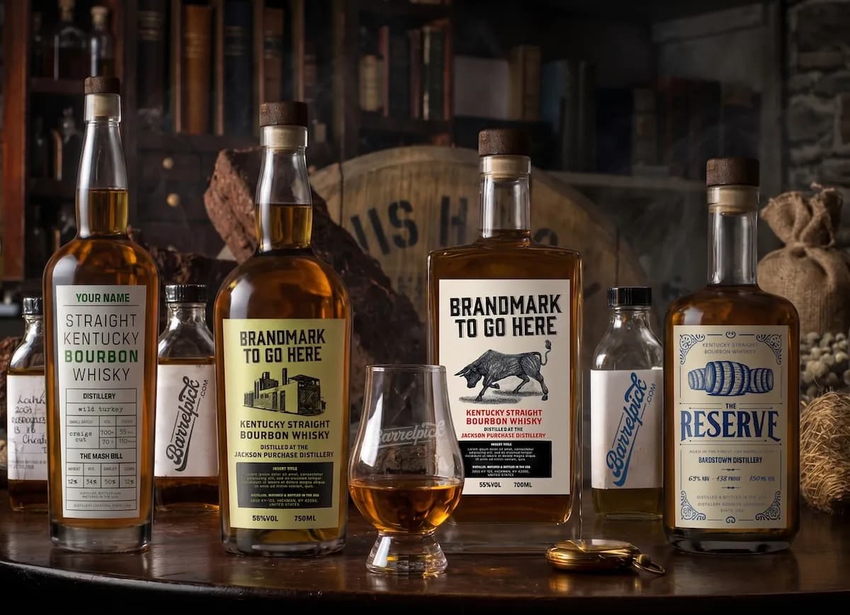 Four private-label bourbon bottles side by side